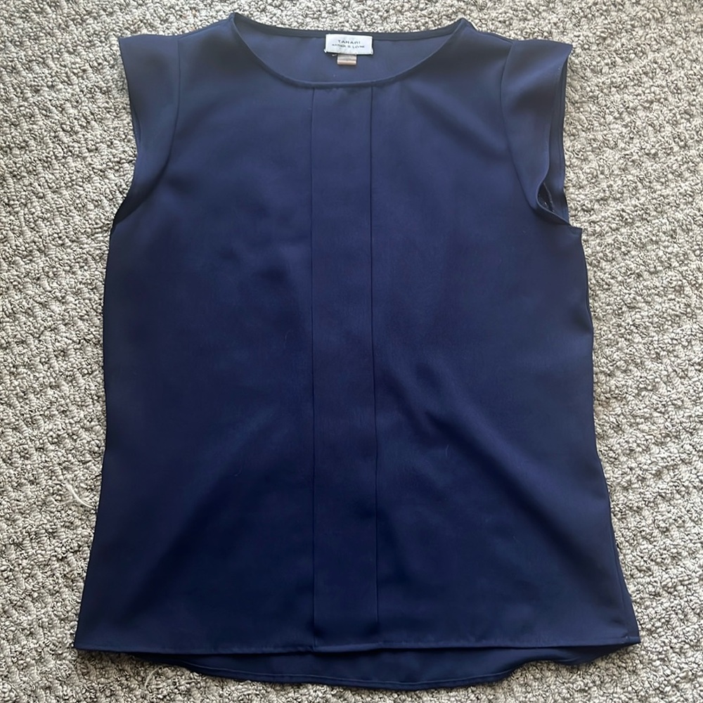 Tahari Navy blouse with ruffle cap sleeve